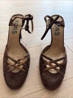 MICHAEL KORS Brown Suede & Bronze Strappy Ankle-Heel Sandals